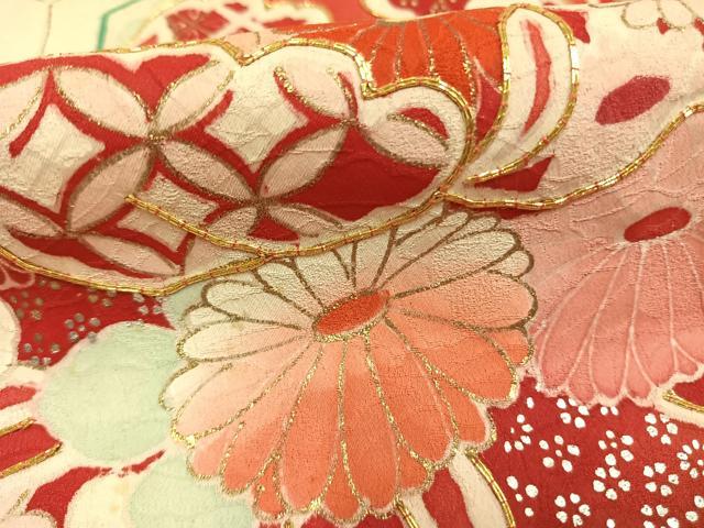 平和屋着物●セミアンティーク　振袖　駒刺繍　草花文　金銀彩　三越扱い　正絹　逸品　AABI8884fy