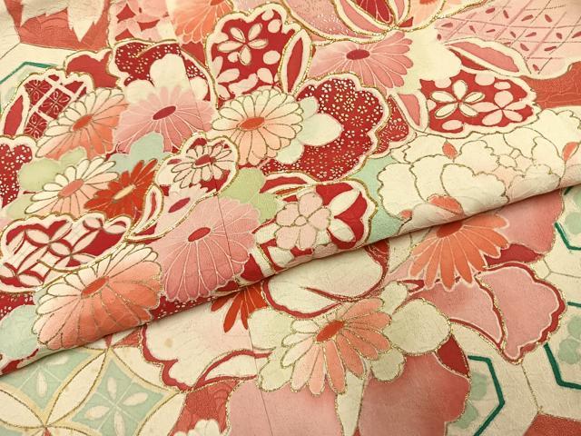平和屋着物●セミアンティーク　振袖　駒刺繍　草花文　金銀彩　三越扱い　正絹　逸品　AABI8884fy
