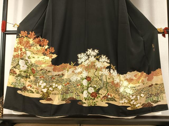 平和屋着物●松尾光琳　純金　黒留袖　刺繍　花鳥文　金彩　保証書付き　正絹　逸品　AABI8886fy