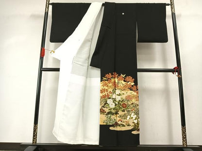 平和屋着物●松尾光琳　純金　黒留袖　刺繍　花鳥文　金彩　保証書付き　正絹　逸品　AABI8886fy