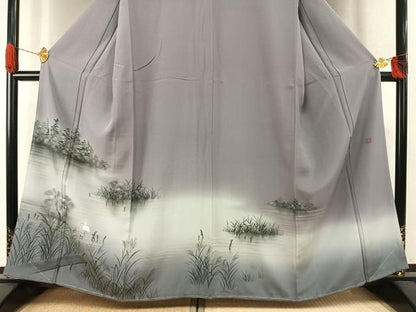 平和屋着物●訪問着　作家物　手描き　鷺　風景文　暈し染め　正絹　逸品　未使用　AABI8889fy