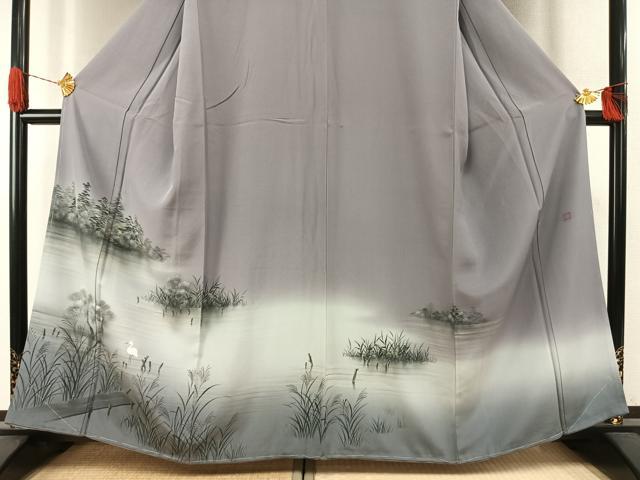 平和屋着物●訪問着　作家物　手描き　鷺　風景文　暈し染め　正絹　逸品　未使用　AABI8889fy