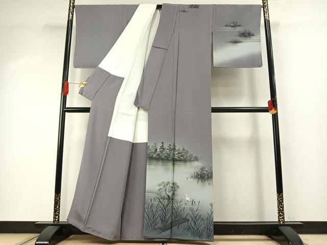 平和屋着物●訪問着　作家物　手描き　鷺　風景文　暈し染め　正絹　逸品　未使用　AABI8889fy