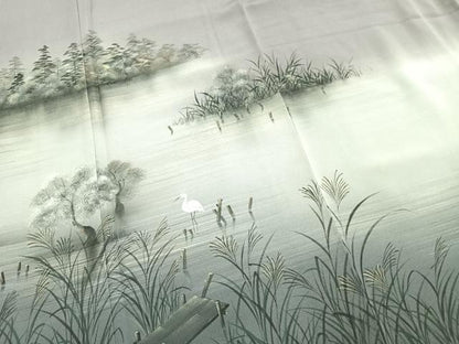平和屋着物●訪問着　作家物　手描き　鷺　風景文　暈し染め　正絹　逸品　未使用　AABI8889fy