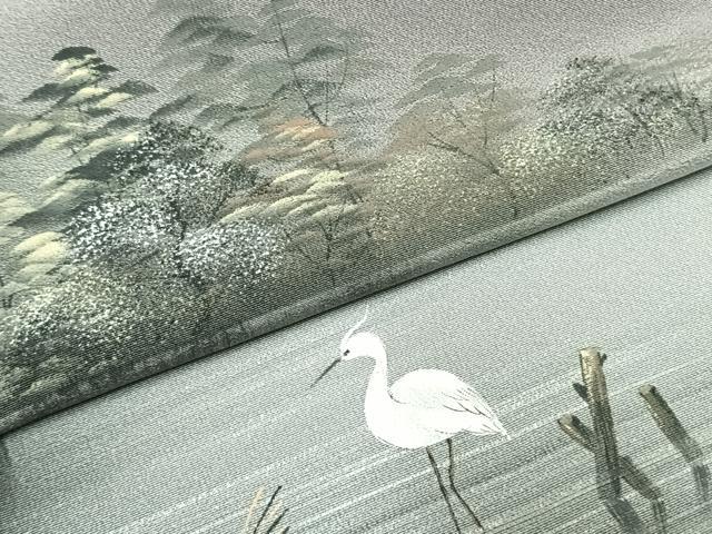 平和屋着物●訪問着　作家物　手描き　鷺　風景文　暈し染め　正絹　逸品　未使用　AABI8889fy