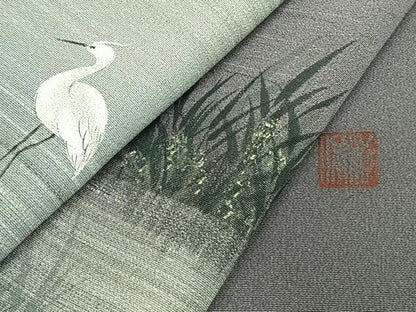 平和屋着物●訪問着　作家物　手描き　鷺　風景文　暈し染め　正絹　逸品　未使用　AABI8889fy
