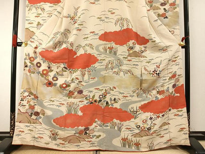 平和屋着物●アンティーク　大正ロマン　豪華振袖　駒刺繍　雲取り花文　金彩　正絹　逸品　AABI8893fy