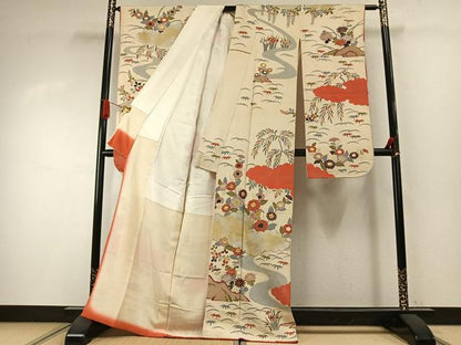 平和屋着物●アンティーク　大正ロマン　豪華振袖　駒刺繍　雲取り花文　金彩　正絹　逸品　AABI8893fy