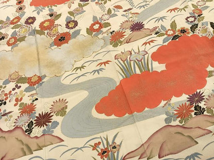 平和屋着物●アンティーク　大正ロマン　豪華振袖　駒刺繍　雲取り花文　金彩　正絹　逸品　AABI8893fy