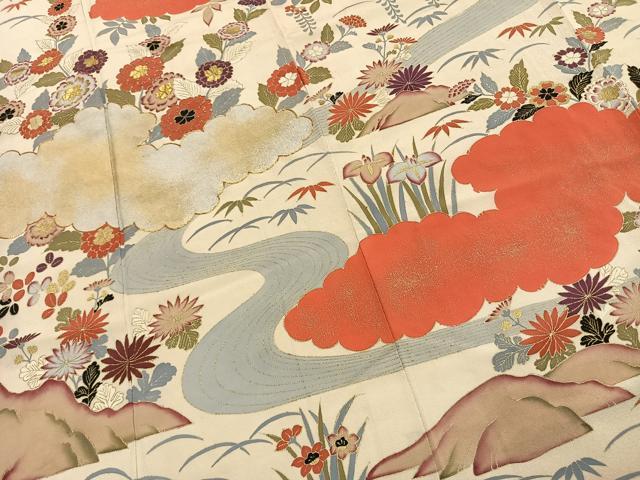 平和屋着物●アンティーク　大正ロマン　豪華振袖　駒刺繍　雲取り花文　金彩　正絹　逸品　AABI8893fy