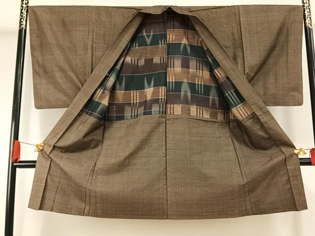 平和屋着物●男性　紬　アンサンブル　幾何学文様　正絹　逸品　AABI8904fy