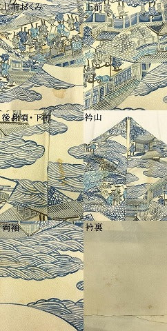 平和屋着物●上質な小紋　型染め　風景人物文　正絹　逸品　AABI8908fy