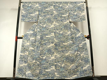 平和屋着物●上質な小紋　型染め　風景人物文　正絹　逸品　AABI8908fy