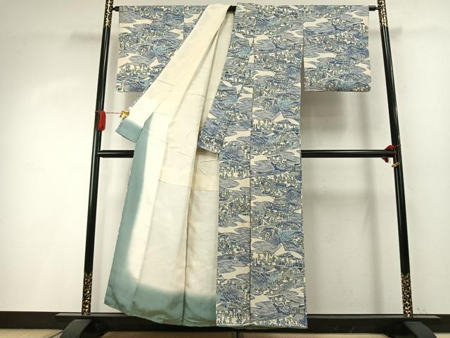 平和屋着物●上質な小紋　型染め　風景人物文　正絹　逸品　AABI8908fy