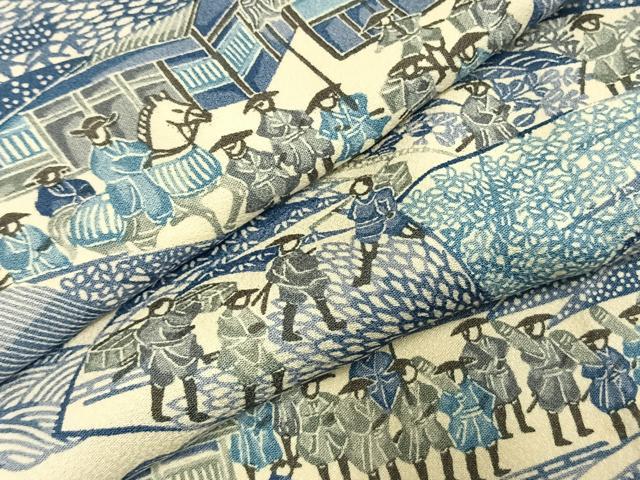 平和屋着物●上質な小紋　型染め　風景人物文　正絹　逸品　AABI8908fy