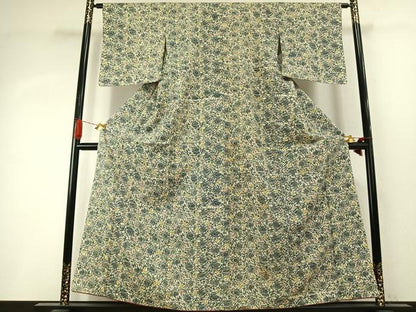 平和屋着物●上質な小紋　紬地　型染め　花鳥文　正絹　逸品　AABI8912fy
