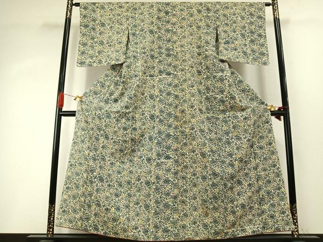 平和屋着物●上質な小紋　紬地　型染め　花鳥文　正絹　逸品　AABI8912fy