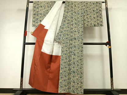 平和屋着物●上質な小紋　紬地　型染め　花鳥文　正絹　逸品　AABI8912fy
