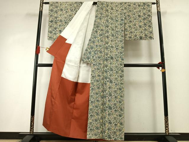 平和屋着物●上質な小紋　紬地　型染め　花鳥文　正絹　逸品　AABI8912fy