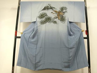 平和屋着物●男性 長襦袢 袷 手描き 富士山 鷹 枝松文 暈し染め 金彩 正絹 逸品 AABI8916fy