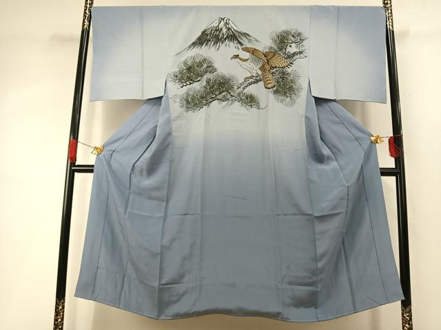 平和屋着物●男性 長襦袢 袷 手描き 富士山 鷹 枝松文 暈し染め 金彩 正絹 逸品 AABI8916fy