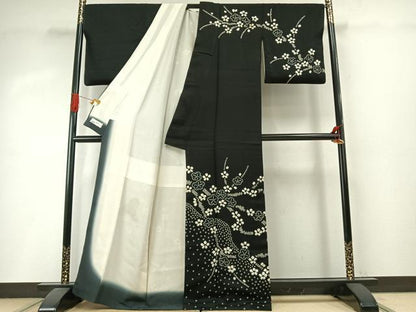 平和屋着物●訪問着 総絞り 舞花文 暈し染め 黒地 やまと誂製 正絹 逸品 AABI8921fy