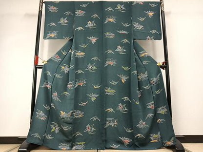 平和屋着物●上質な小紋 型染め 風景文 鬼しぼ縮緬 正絹 逸品 AABI8922fy