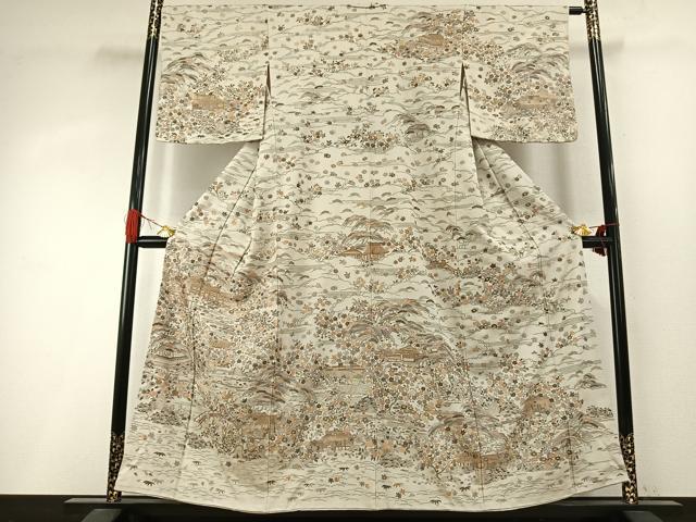 平和屋着物●訪問着　総刺繍　中国三大刺繍　スワトウ刺繍　汕頭刺繍　風景花文　金糸　正絹　逸品　AABI8924fy