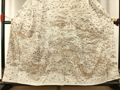 平和屋着物●訪問着　総刺繍　中国三大刺繍　スワトウ刺繍　汕頭刺繍　風景花文　金糸　正絹　逸品　AABI8924fy
