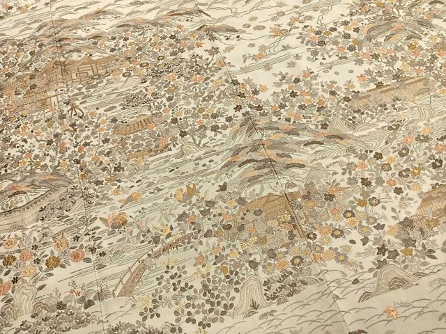平和屋着物●訪問着　総刺繍　中国三大刺繍　スワトウ刺繍　汕頭刺繍　風景花文　金糸　正絹　逸品　AABI8924fy