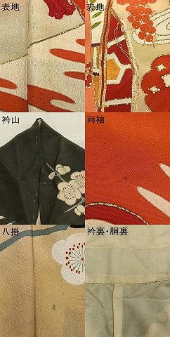 平和屋本店●アンティーク　大正ロマン　振袖　駒刺繍　御所車花文　黒地　金彩　正絹　逸品　AABI8925fy