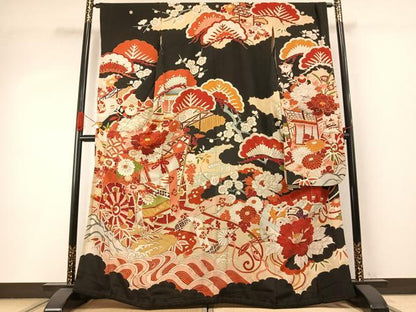 平和屋本店●アンティーク　大正ロマン　振袖　駒刺繍　御所車花文　黒地　金彩　正絹　逸品　AABI8925fy