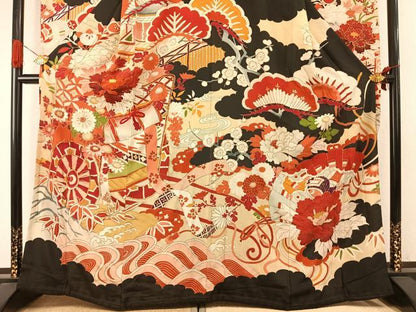 平和屋本店●アンティーク　大正ロマン　振袖　駒刺繍　御所車花文　黒地　金彩　正絹　逸品　AABI8925fy