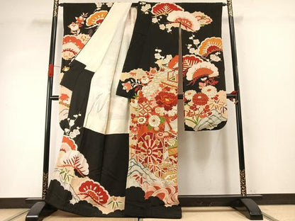 平和屋本店●アンティーク　大正ロマン　振袖　駒刺繍　御所車花文　黒地　金彩　正絹　逸品　AABI8925fy