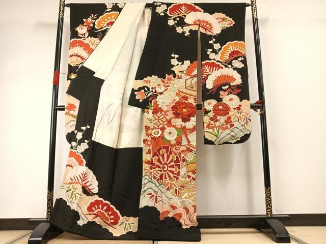 平和屋本店●アンティーク　大正ロマン　振袖　駒刺繍　御所車花文　黒地　金彩　正絹　逸品　AABI8925fy