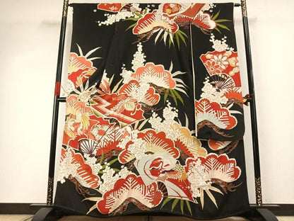 平和屋本店●アンティーク　大正ロマン　振袖　駒刺繍　花鳥文　黒地　金彩　正絹　逸品　AABI8926fy