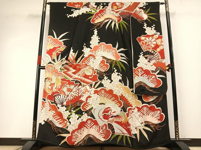 平和屋本店●アンティーク　大正ロマン　振袖　駒刺繍　花鳥文　黒地　金彩　正絹　逸品　AABI8926fy
