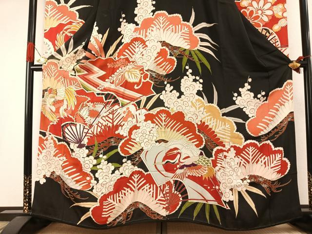 平和屋本店●アンティーク　大正ロマン　振袖　駒刺繍　花鳥文　黒地　金彩　正絹　逸品　AABI8926fy