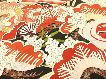 平和屋本店●アンティーク　大正ロマン　振袖　駒刺繍　花鳥文　黒地　金彩　正絹　逸品　AABI8926fy