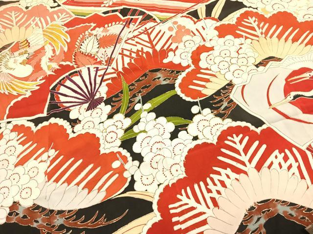 平和屋本店●アンティーク　大正ロマン　振袖　駒刺繍　花鳥文　黒地　金彩　正絹　逸品　AABI8926fy