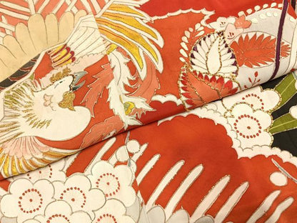 平和屋本店●アンティーク　大正ロマン　振袖　駒刺繍　花鳥文　黒地　金彩　正絹　逸品　AABI8926fy