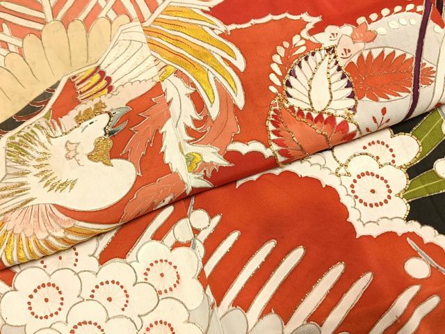 平和屋本店●アンティーク　大正ロマン　振袖　駒刺繍　花鳥文　黒地　金彩　正絹　逸品　AABI8926fy
