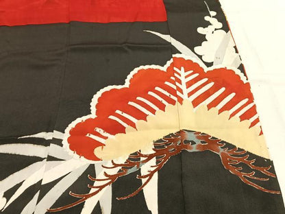 平和屋本店●アンティーク　大正ロマン　振袖　駒刺繍　花鳥文　黒地　金彩　正絹　逸品　AABI8926fy