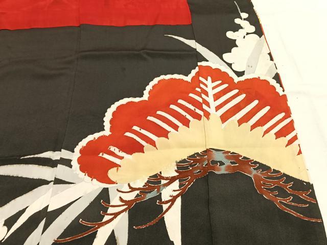 平和屋本店●アンティーク　大正ロマン　振袖　駒刺繍　花鳥文　黒地　金彩　正絹　逸品　AABI8926fy