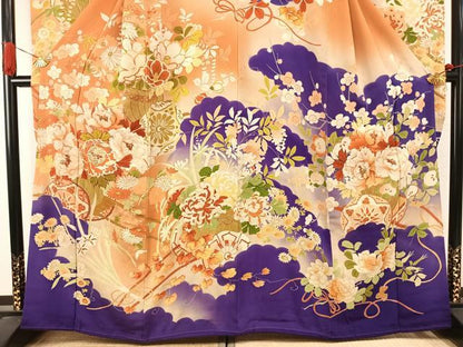 平和屋本店●アンティーク　大正ロマン　振袖　駒刺繍　草花文　暈し染め　金糸　金彩　正絹　逸品　AABI8927fy