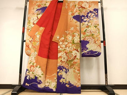平和屋本店●アンティーク　大正ロマン　振袖　駒刺繍　草花文　暈し染め　金糸　金彩　正絹　逸品　AABI8927fy