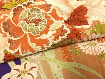 平和屋本店●アンティーク　大正ロマン　振袖　駒刺繍　草花文　暈し染め　金糸　金彩　正絹　逸品　AABI8927fy