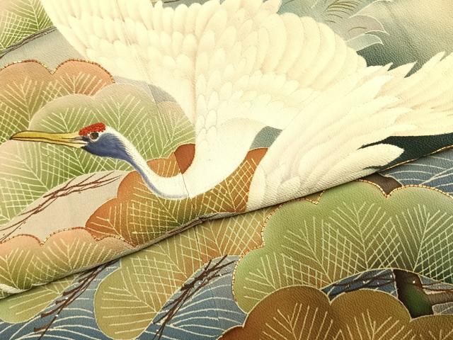 平和屋本店●アンティーク　大正ロマン　振袖　駒刺繍　飛鳥松文　暈し染め　黒地　正絹　逸品　AABI8928fy