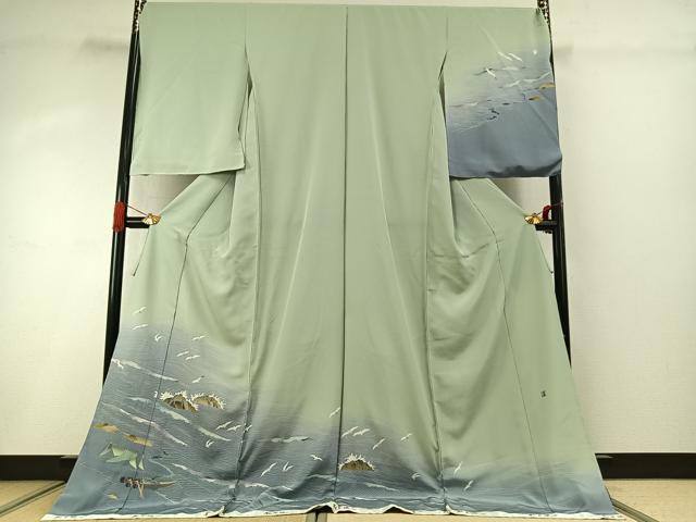 平和屋着物●京加賀友禅 松本健一 訪問着 風景飛鳥文 暈し染め 上代88万円 仮絵羽 正絹 逸品 未使用 AABI8933fy