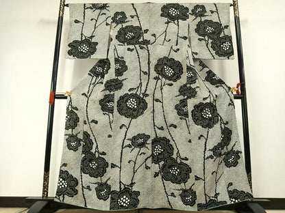 平和屋着物●上質な小紋 本疋田絞り 草花文 黒地 正絹 逸品 AABI8935fy